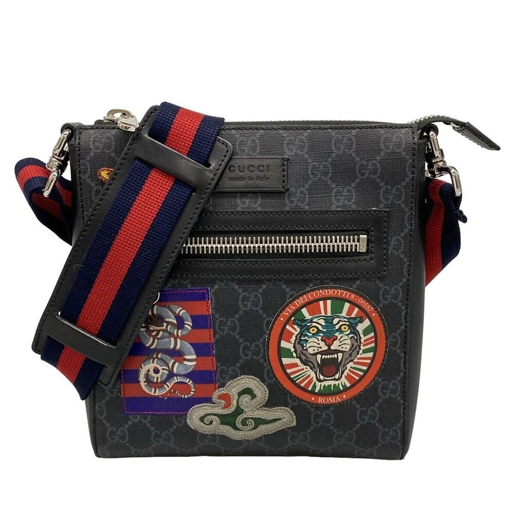 GUCCI Night Courier GG Supreme Shoulder Bag Black Multi Leather